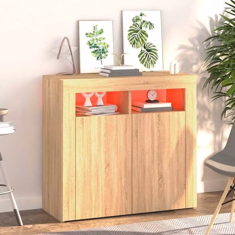 Berkfield Home Modern Sonoma Oak Sideboard with Integrated LED Lights in Light Tan, W/D/H: 80 x 35 x 75 cm
