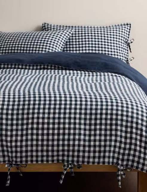 M&S Blue Checked Pure Linen Duvet Cover and Pillowcase Set, W/D/H: 180 x 200 cm