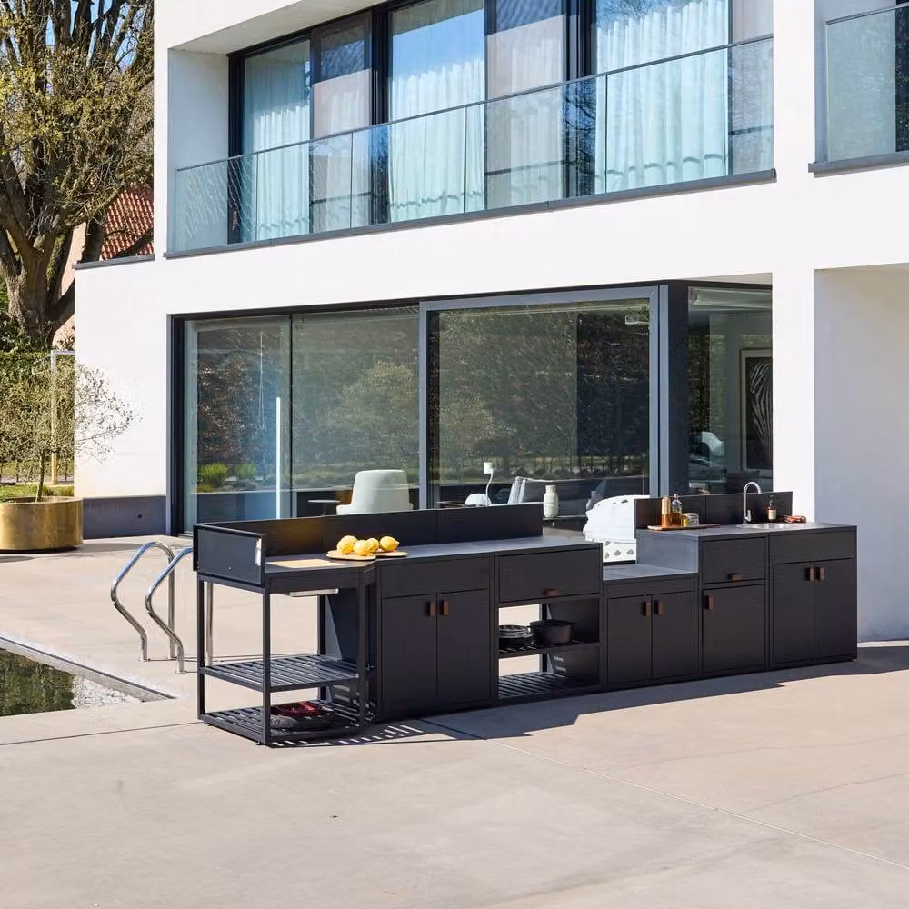 sweeek Modern Outdoor Kitchen with 6 Steel Modules in Black, W/D/H: 225 x 82.5 x 110 cm – 6