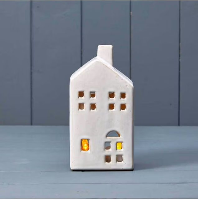 KDMD White Ceramic House Tealight Holder with Reactive Glaze