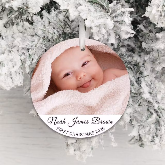 Uniqueful Personalised First Christmas Photo Hanging Decoration for Babies, White Round Plastic Pendant