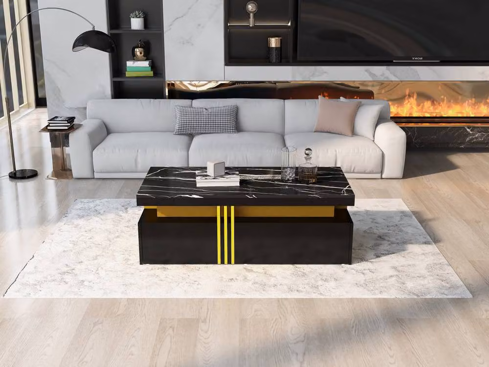ModernLuxe Modern Rectangular Coffee Table with Marble Top and 2 Drawers in Black, W/D/H: 100 x 50 x 40 cm – 3