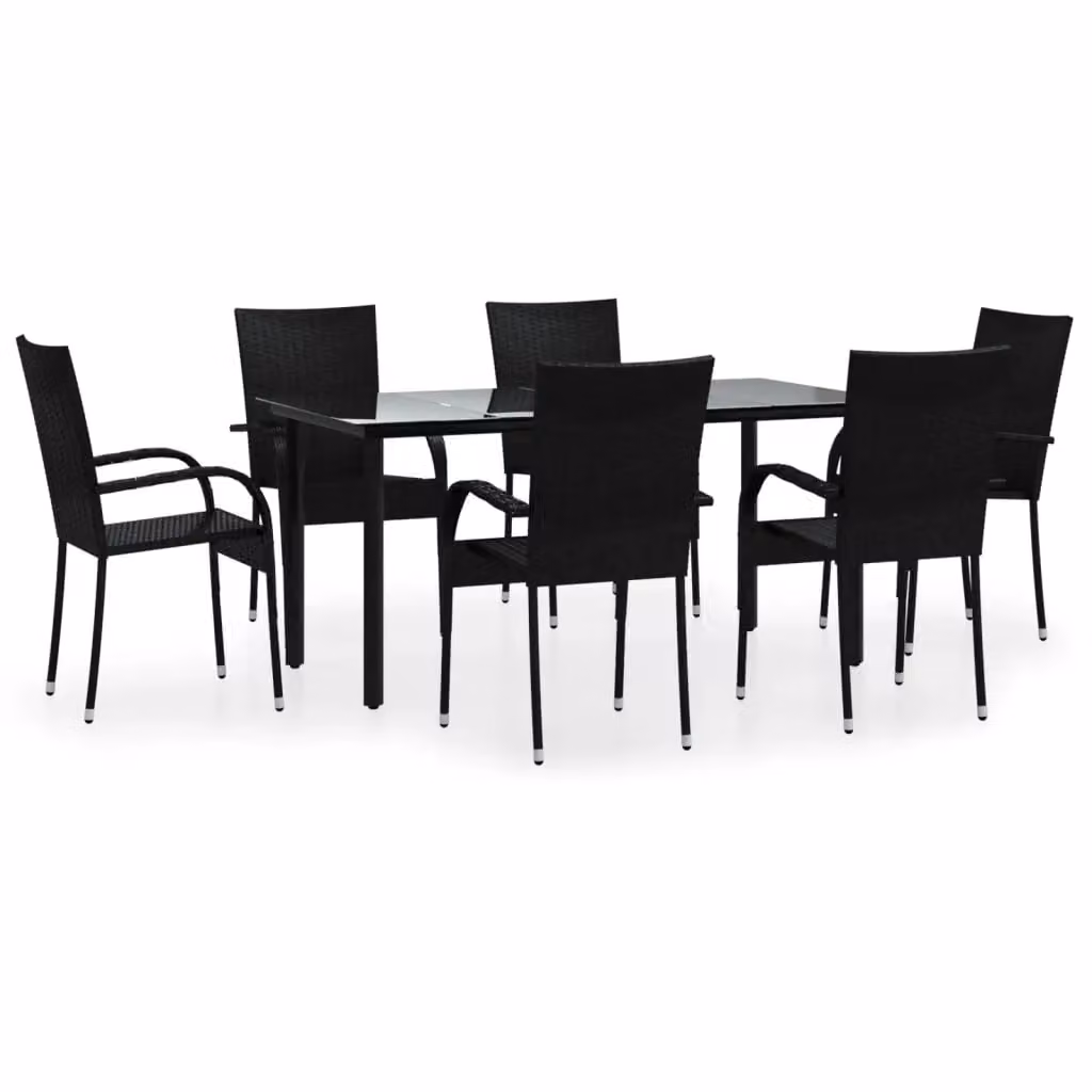 Berkfield Home 7 Piece Black Poly Rattan Garden Dining Set with Glass Top Table – 2