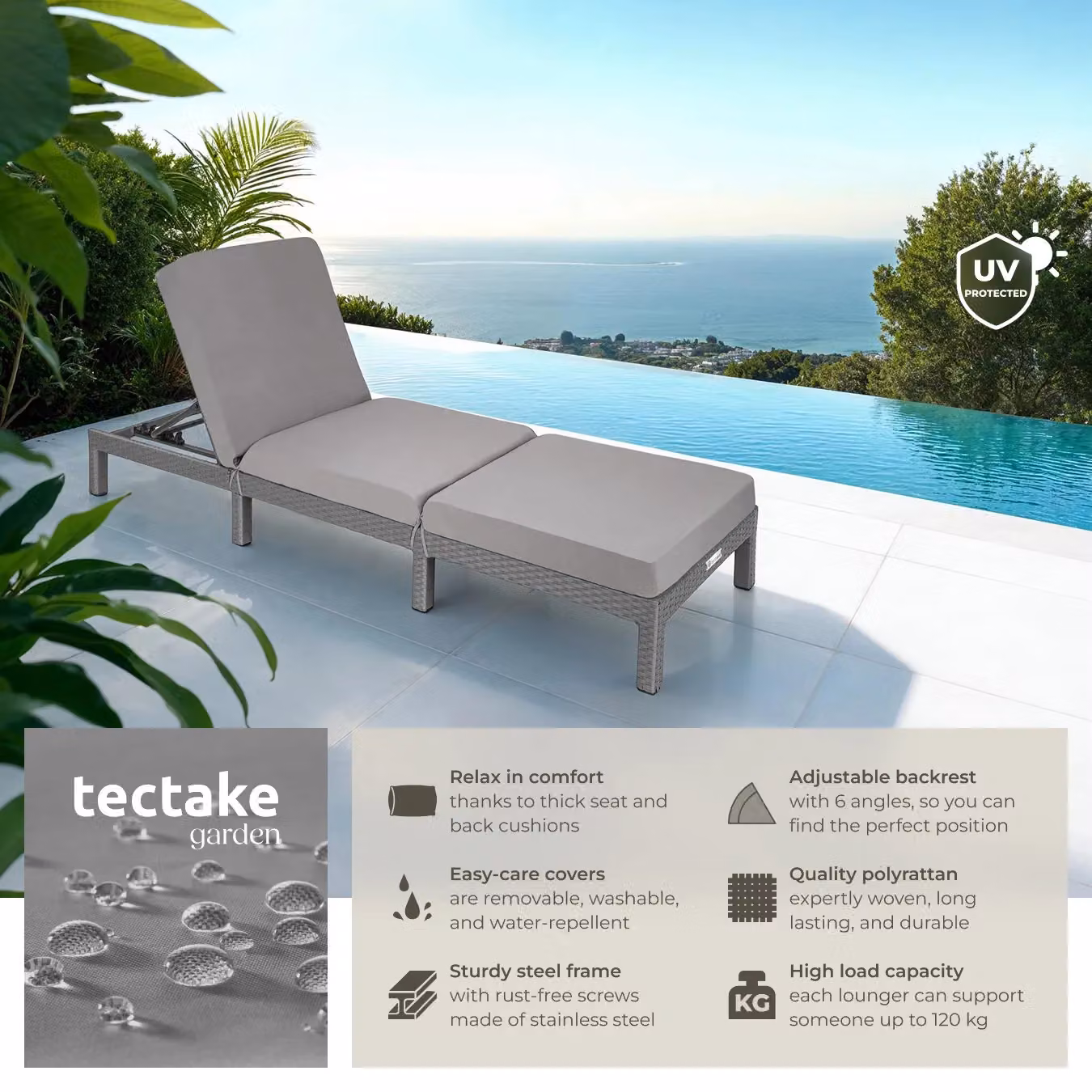 tectake Sofia Rattan Sun Lounger in Grey with Weatherproof Cushion and Adjustable Headrest – 2