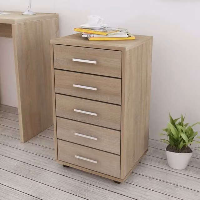 Berkfield Home Office 5 Drawer Unit in Brown Oak with Castors