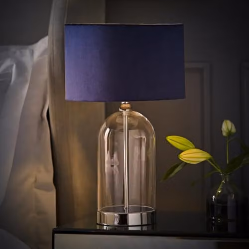ValueLights Glass and Black Metal Bedside Table Lamp with Navy Blue Velvet Lampshade and Warm White LED Bulb – 2