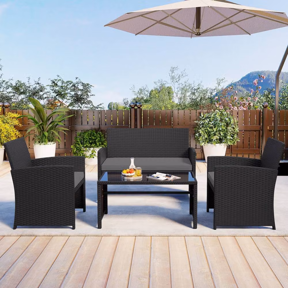 Costway 4-Piece Grey Polyrattan Patio Conversation Set with Upholstered Cushions and Coffee Table – 5