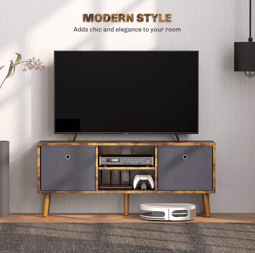 STILVORA Rustic Brown Wood TV Stand with 2 Drawers and Shelves – 4