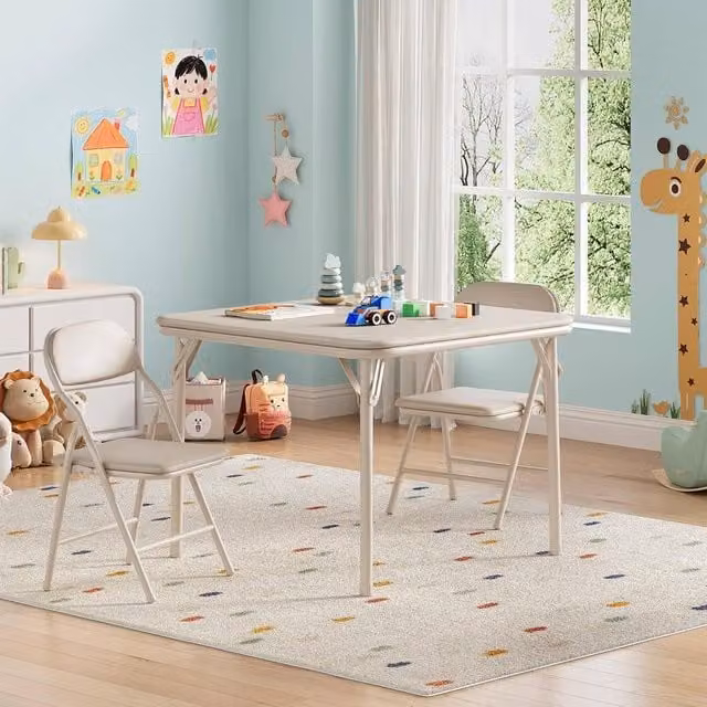 London Boutique 3-Piece Kids Folding Dining Table and 2 Upholstered Chairs Set in Beige