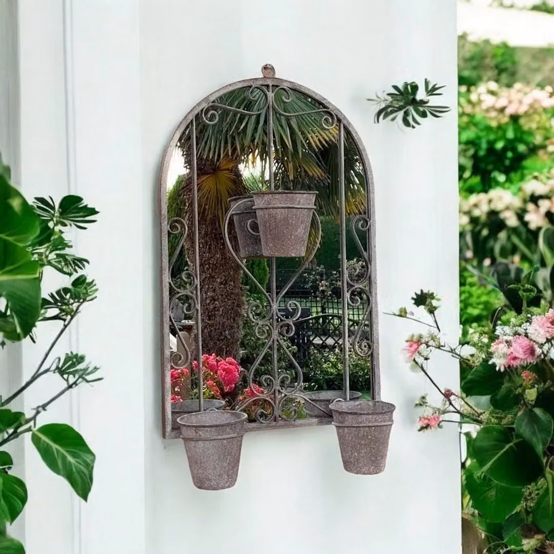 Minster Rustic Metal Wall Mirror with Triple Planter in Grey, W: 45 cm, D: 15 cm, H: 78 cm – 2