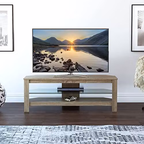 AVF Calibre Rustic Sawn Oak Effect Wood Corner TV Stand in Brown with Glass Shelf and Cable Management, Width: 115 cm – 2