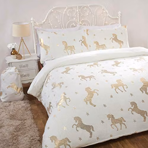 Sleepdown Unicorn Fleece Bedding Set in Beige and White, W/D/H: 135 x 200 cm with 90 x 200 cm Pillowcase – 1