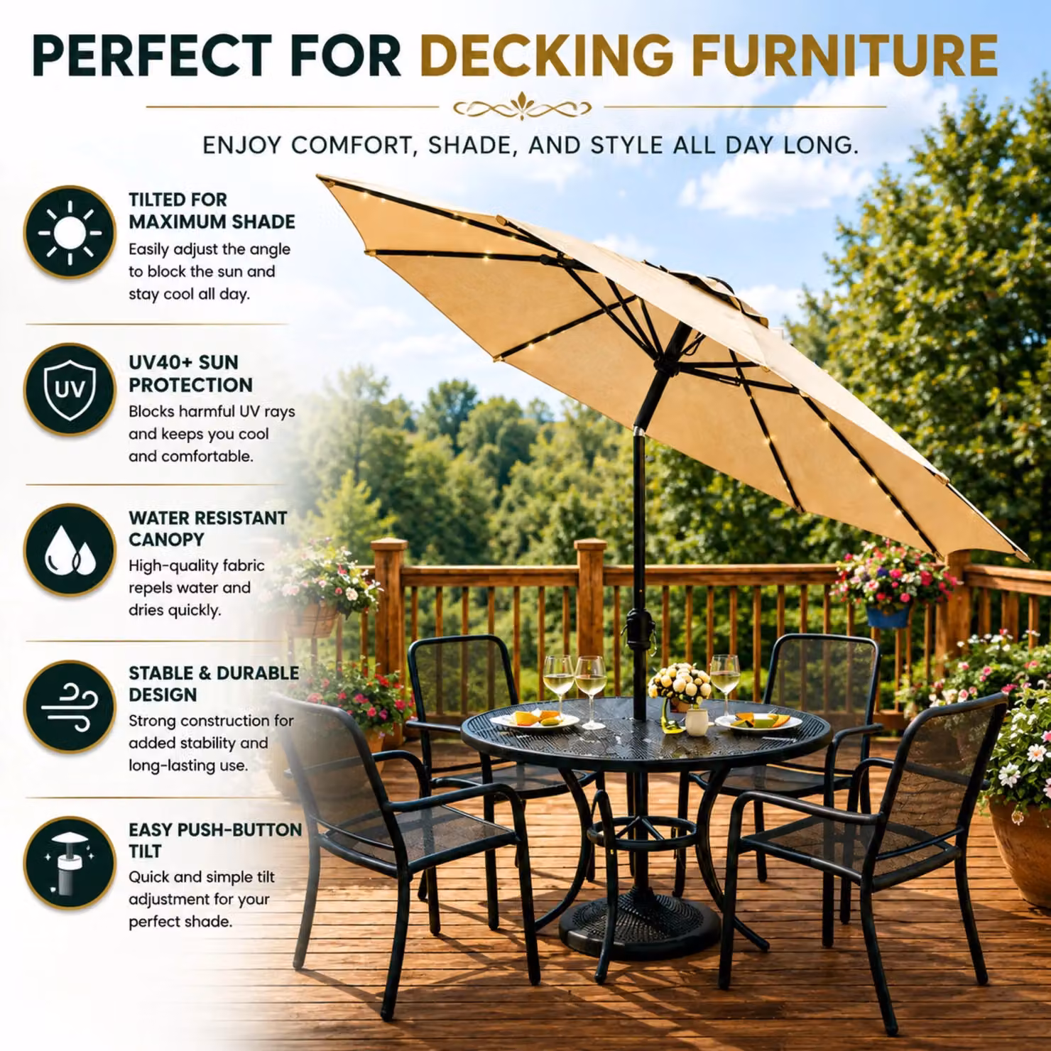Glamhaus Khaki Solar Power LED Tilting Garden Umbrella with UPF 50+ Protection, W/D/H: 270 x 235 x 270 cm – 8