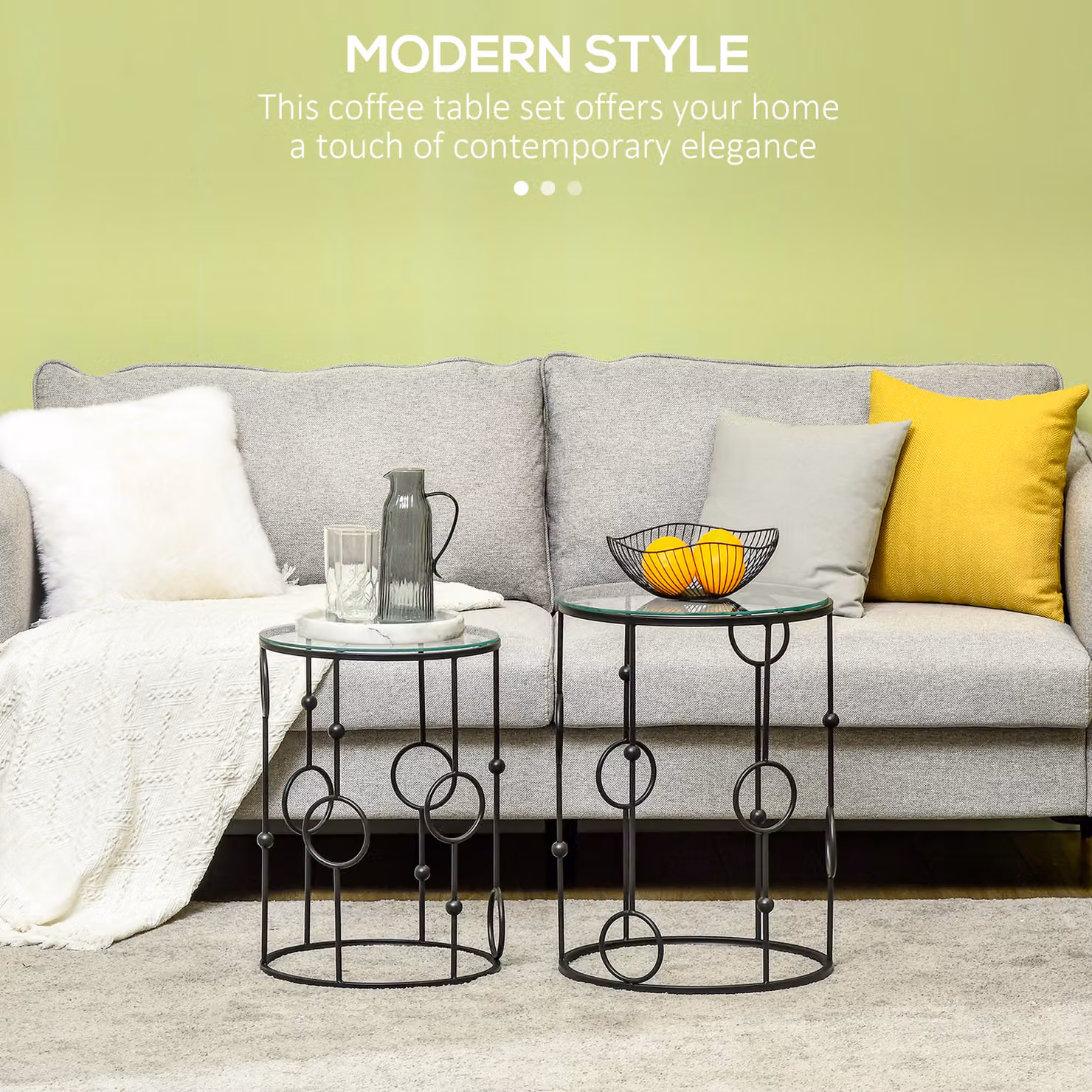 HOMCOM Nesting Round Coffee Table Set of 2 with Glass Tops and Metal Frames in Black – 3