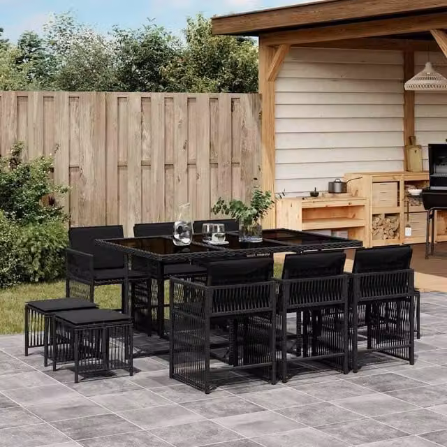 Berkfield Home 11 Piece Garden Dining Set with Black Poly Rattan and Cushions – 1