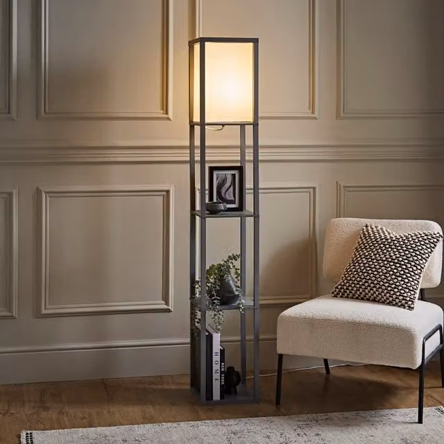 ValueLights Struttura Shelving Unit Floor Lamp with Grey Fabric Shade
