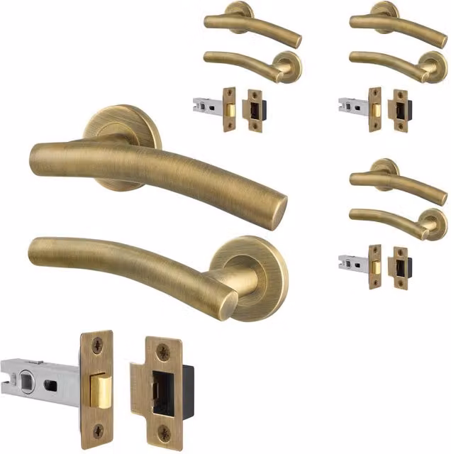 AFIT 4 Pairs of Antique Brass Curved Internal Lever Handles and 64mm Latch in Bronze – 1