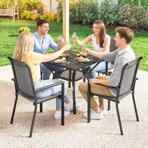 Outsunny 5 Piece Garden Dining Set for 4 with Parasol Hole, Dark Grey – 5