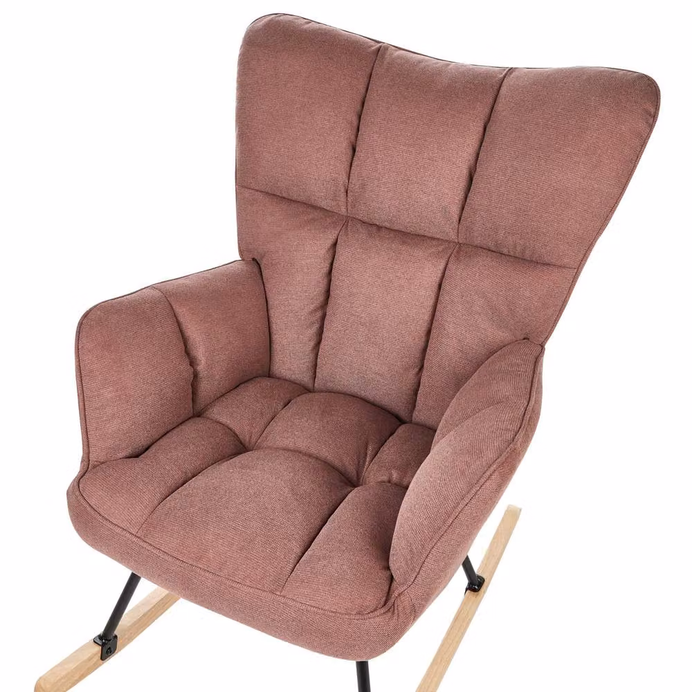 Wyld and Coco Pink Biscuit Tufted Rocking Armchair with Woven Fabric and Solid Wood Frame – 4