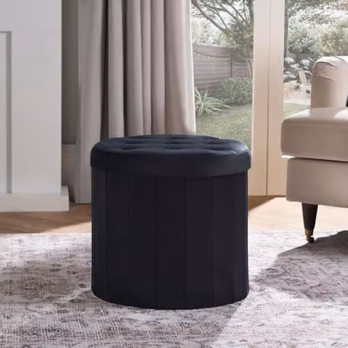 OHS Black Matte Velvet Round Ottoman Storage Box and Footstool – 1