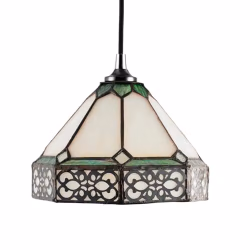 Happy Homewares Shabby Chic 1920s Pendant Light Shade with Amber and Green Stained Glass and Metal Scrollwork, W: 20 cm, H: 14 cm – 1
