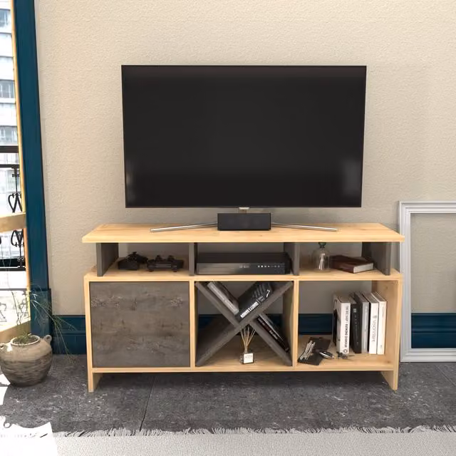 Decorotika Modern Geometric Wood TV Unit in Brown and Yellow, Width: 120 cm