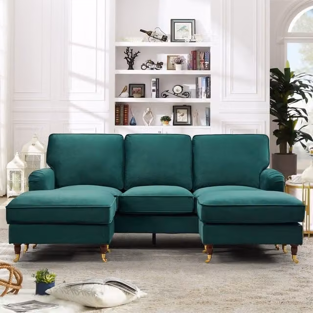 Artemis Home Woodbury U-Shaped Reversible Velvet Fabric Corner Sofa with Matching Ottoman, Green, Width: 218 cm