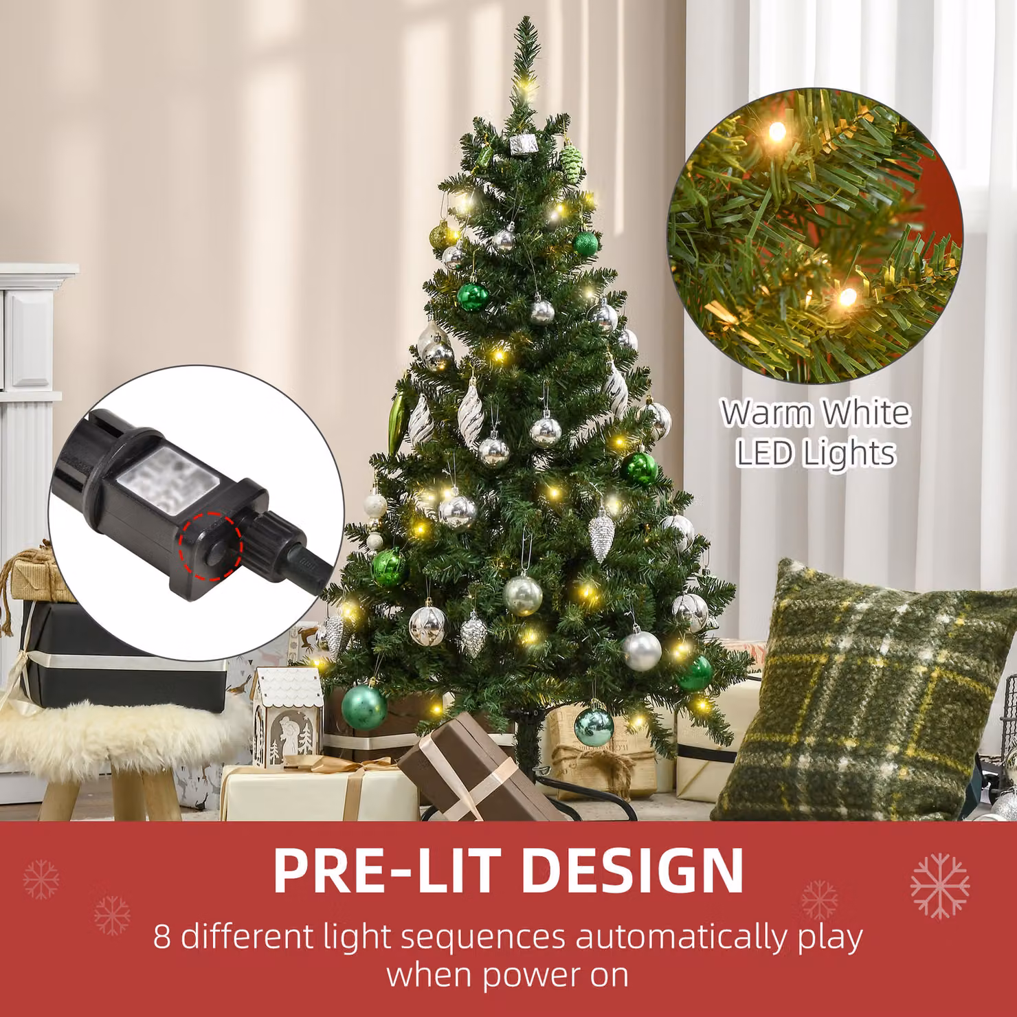 HOMCOM 4ft Prelit Artificial Christmas Tree with Warm White LED Lights, Green – 5