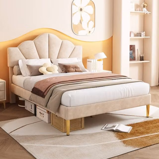 ModernLuxe Upholstered Double Bed in Beige Velvet with Adjustable Headboard and Wooden Slats, W/D/H: 140 x 200 x 30.4 cm