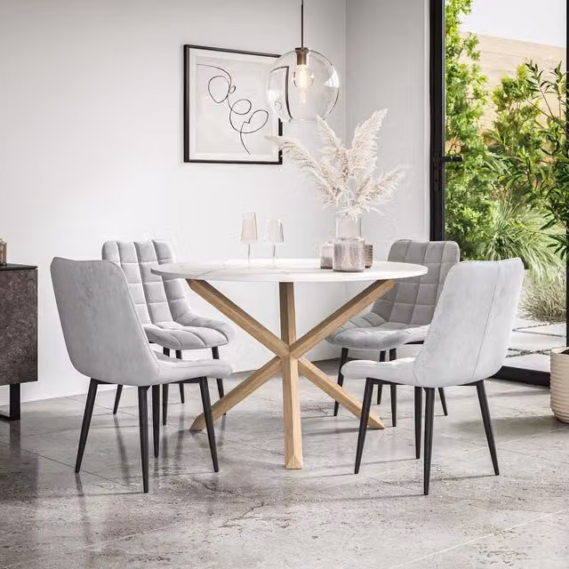 More4Homes Malvern Round Dining Table and 4 Nova Grey Velvet Chairs Set with Marble Top and Solid Oak Legs, Diameter: 120 cm, Height: 75 cm