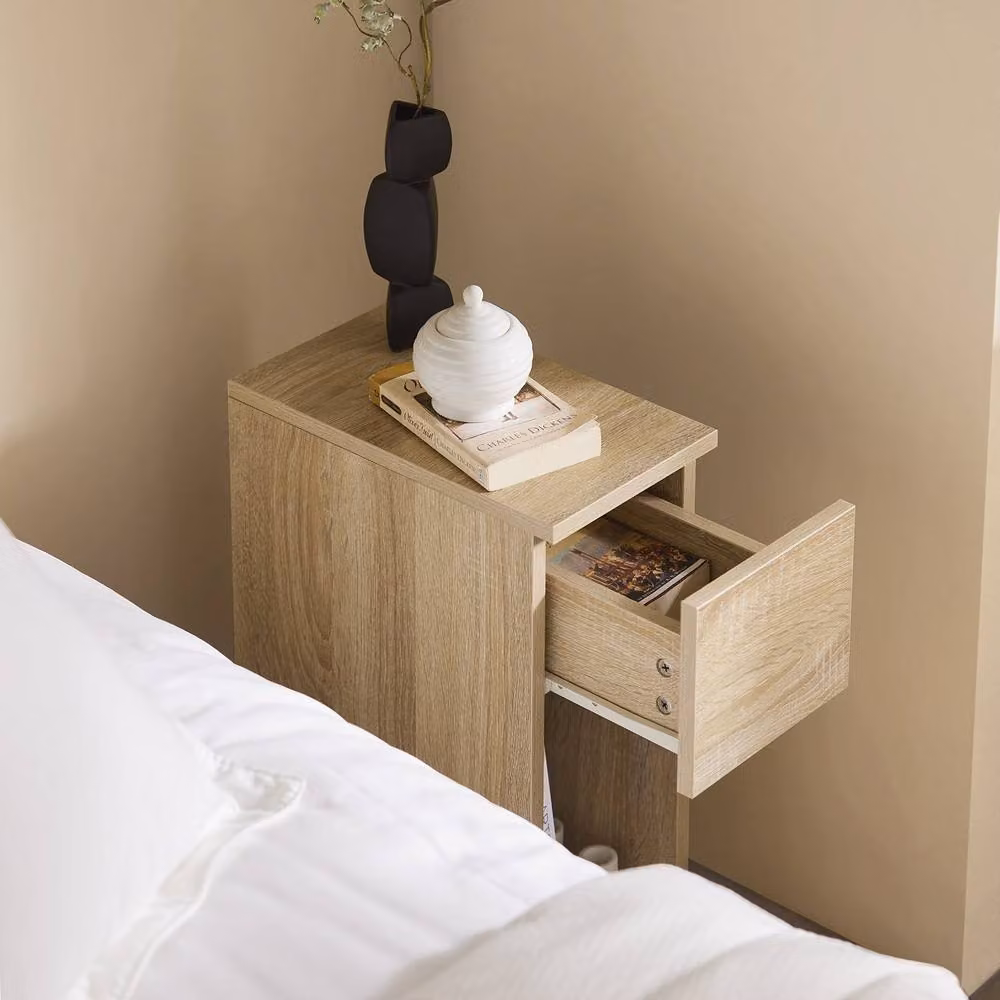 SoBuy Set of 2 Modern Slim Bedside Tables with Open Shelf and Drawer in Light Oak – 4