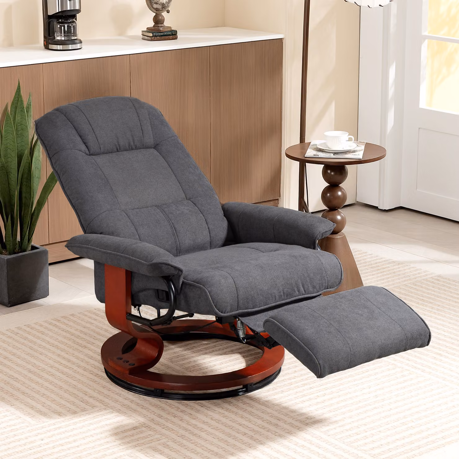 HOMCOM Grey Fabric Reclining Swivel Chair with Footrest and Armrests – 2