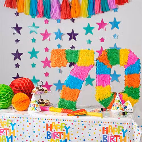 Fax Potato 70th Birthday Piñata Set with Blue Stick and Blindfold in Blue, Purple and Multicolour – 3