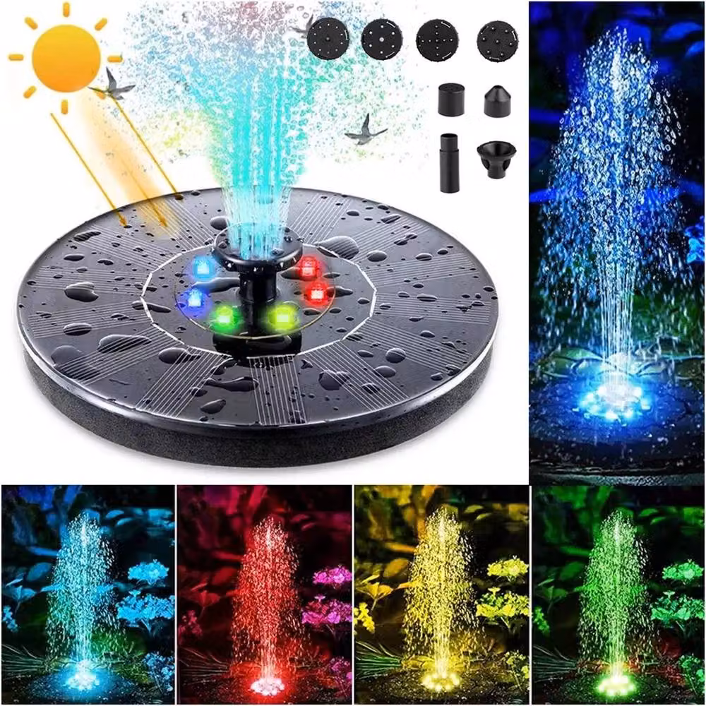 FLAVORA Solar Fountain Pump with 8 LED Lights in Black for Garden Pools, Ponds and Aquariums – 6