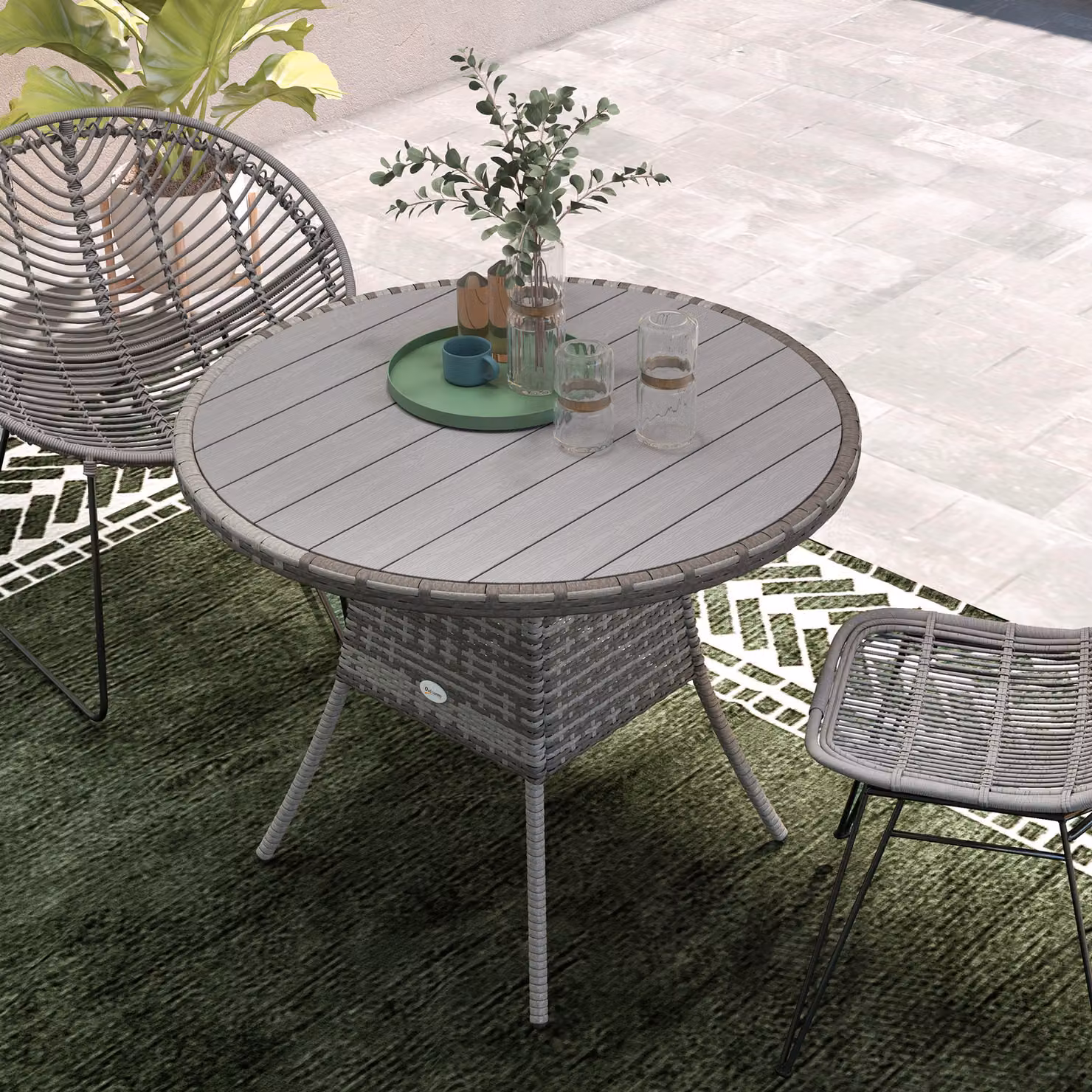 Outsunny Grey Wood-Effect Rattan Round Garden Table for Four, Diameter: 90 cm – 5