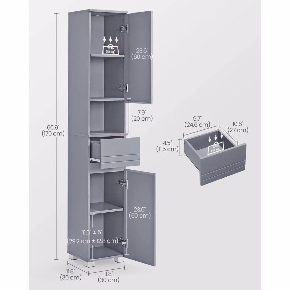 Kelvenix Grey Tall Slim Bathroom Cabinet with Hinged Doors and Internal Shelves – 2