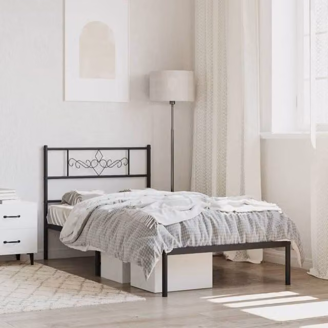 Berkfield Home Metal Bed Frame with Headboard in Black, W/D/H: 90 x 190 cm Single – 1
