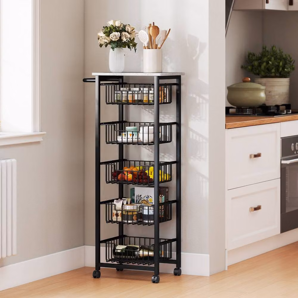 STILVORA Kitchen Trolley with 5 Baskets and Marble-Effect Top in Black, W/D/H: 76.0 x 49.5 x 111.0 cm – 2