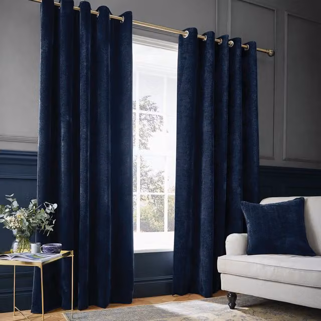 Hyperion Interiors Selene Luxury Chenille Weighted Eyelet Curtains in Deep Navy Blue