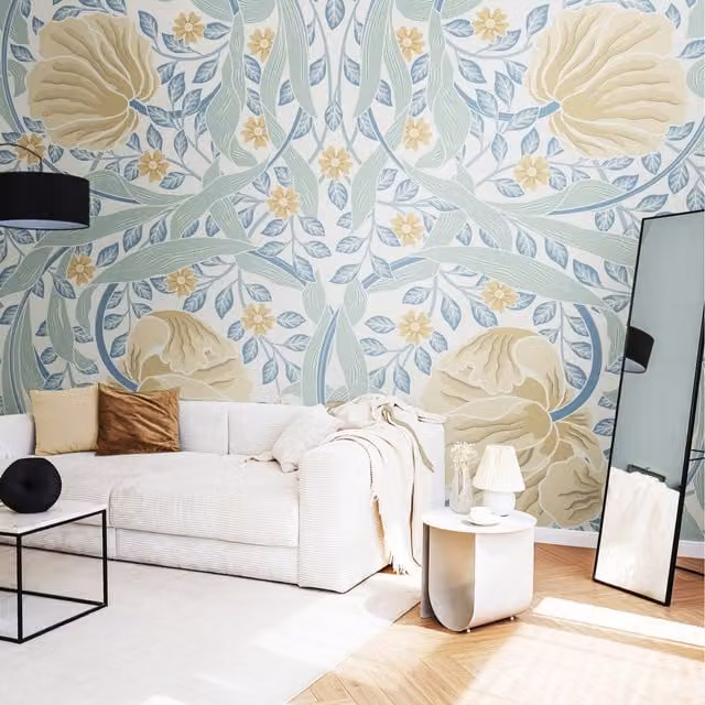 Origin Murals Flower Circle Art Nouveau Wall Mural in Soft Blue
