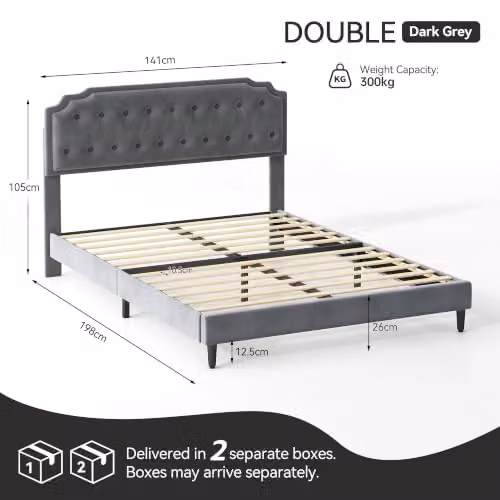 MCC Direct Chelsey Double Velvet Upholstered Bed Frame with Tufted Headboard in Grey, W/D/H: 141 x 200 x 105 cm – 2
