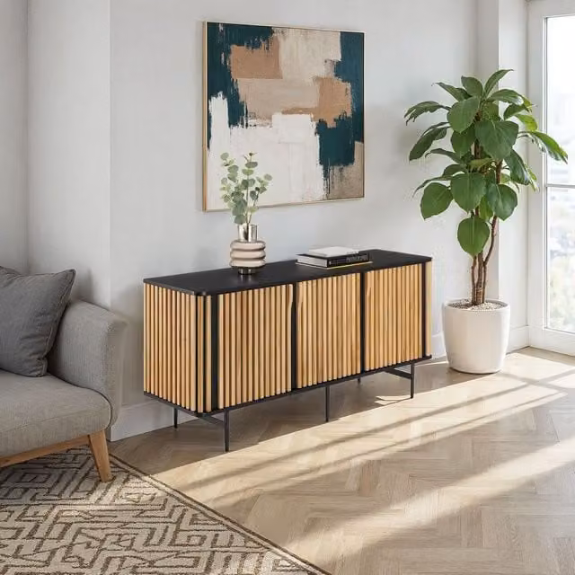 tectake Lineo Modern Sideboard with Slatted Design and 3 Cabinet Compartments in Black and Brown