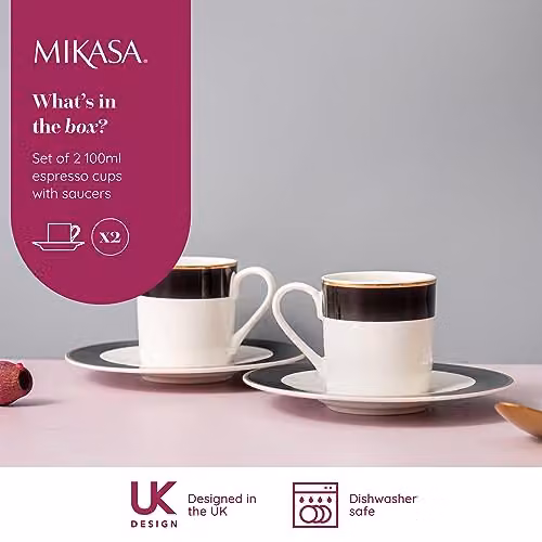 Mikasa Luxe Deco Geometric Bone China Espresso Cup and Saucer Set, White and Gold, 100ml, Set of 2 – 3