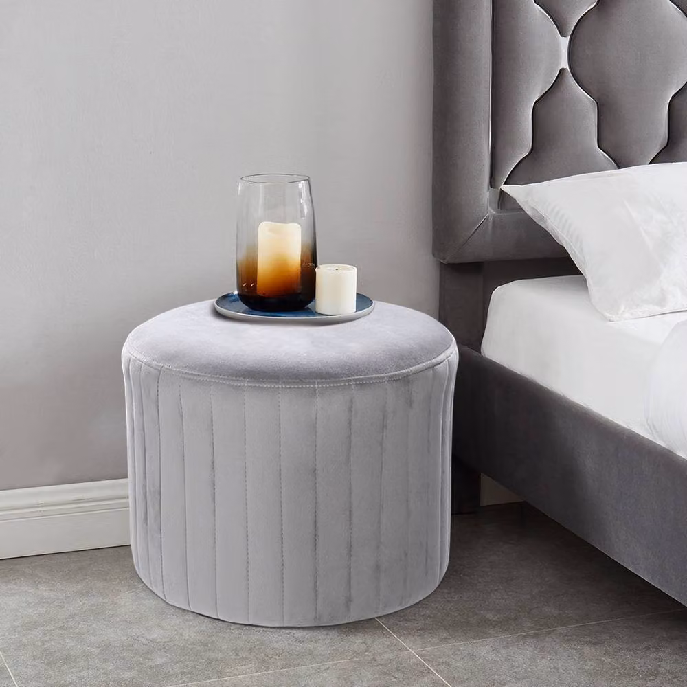 ExtraStar Round Grey Velvet Channel-Tufted Pouffe Ottoman Footstool – 2