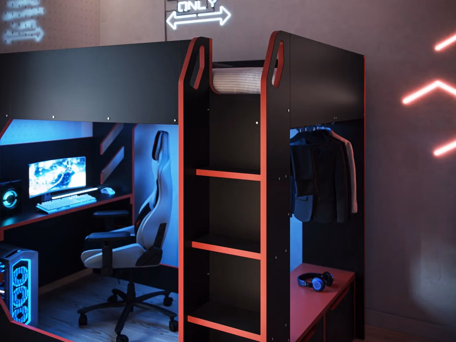 Flair Recoil Shuttle LED Gaming High Sleeper Small Double in Black and Red, W/D/H: 235.4 x 120 x 146.1 cm – 3