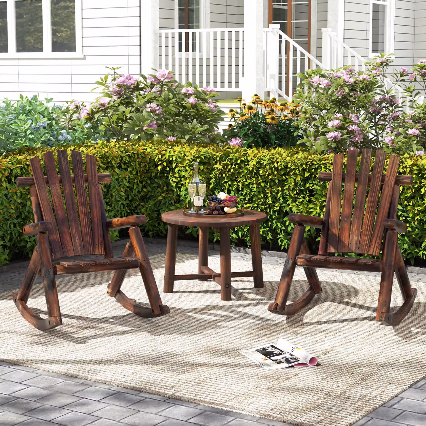 Costway Outdoor Adirondack Rocking Chair for Adults in Brown Solid Wood – 9