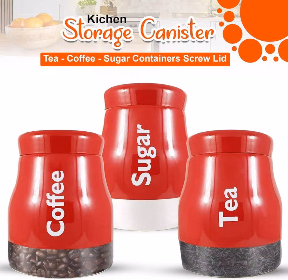 ATEK Set of 3 Glass Kitchen Storage Canisters with Screw Lids, Red and White Multipurpose Tea, Coffee and Sugar Jars – 8