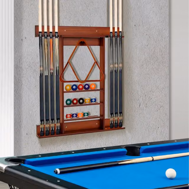 Costway Wall Mounted Brown Pine Wood Billiard Stick Holder