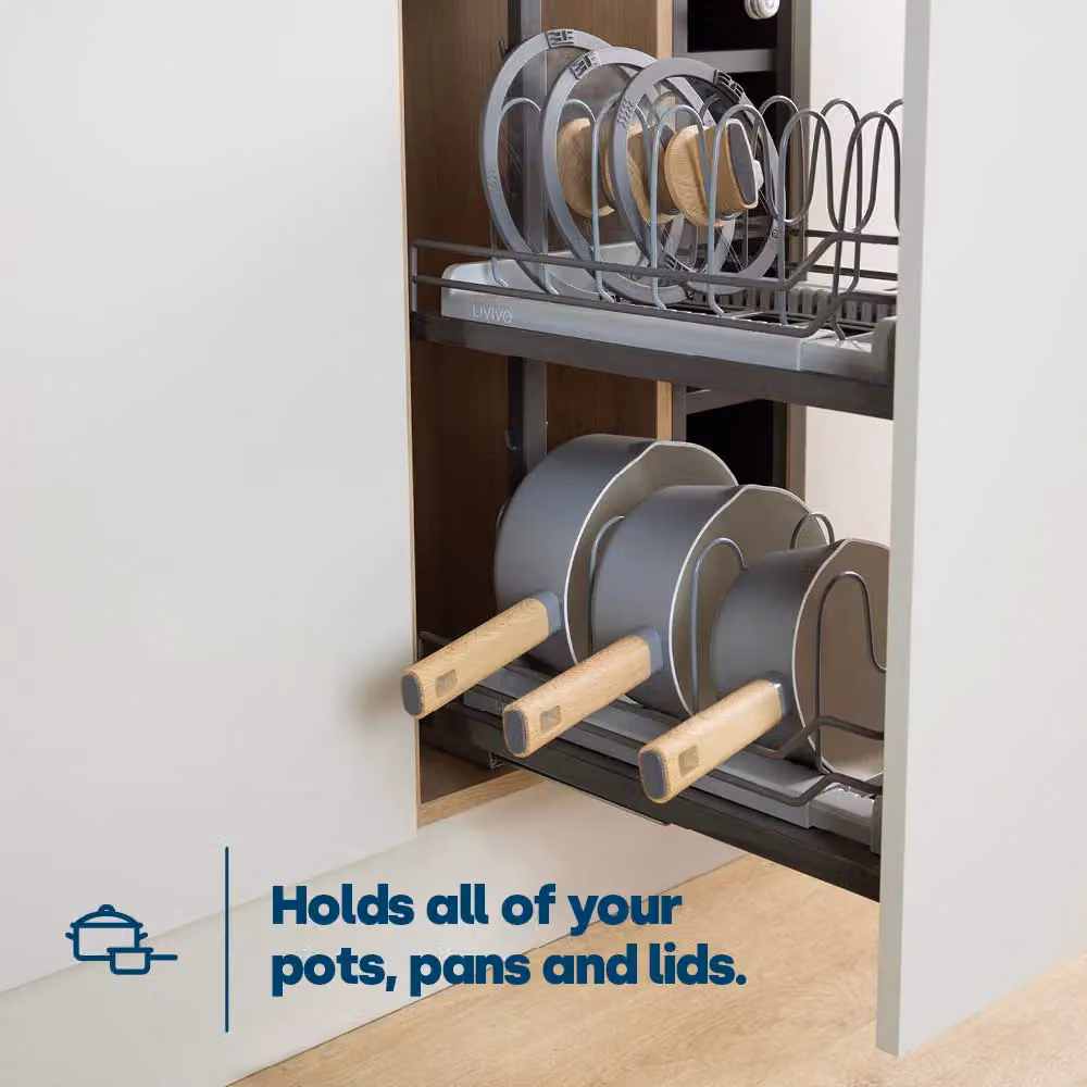 LIVIVO Grey Extendable Metal Pan Lid Holder and Kitchen Organiser with 10 Adjustable Dividers and Anti-Slip Feet – 3