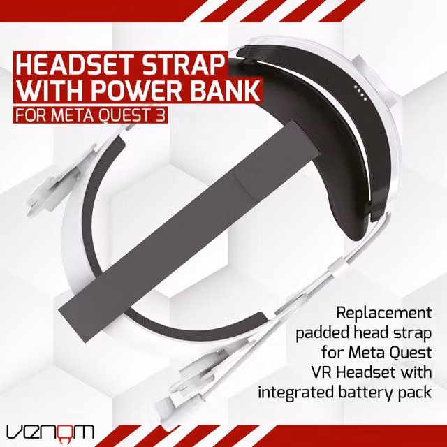 Venom Power Strap for Meta Quest 3, 3S and Quest 2 Padded Headstrap with 5000 mAh Power Bank - White